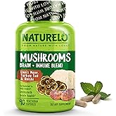 NATURELO Mushroom Supplement Capsules, 90 Ct, Brain & Immune Support, Vegan-Friendly, Lions Mane Supplement Capsules, Lion’s Mane, Reishi, Turkey Tail Blend