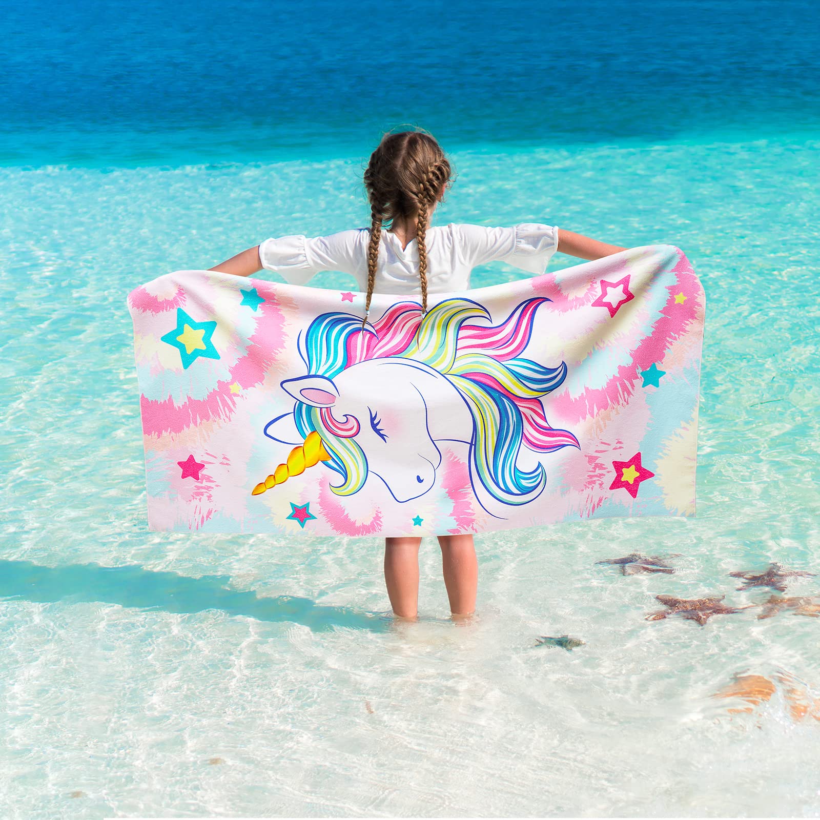 WERNNSAI Unicorn Kids Beach Towel for Girls - 76 x 150cm Unicorn Sand Free Swim Towels for Girls Bath Pool Camping Travel Towel Quick Dry Ultra Absorbent Super Soft Beach Blanket Bath Shower Towel