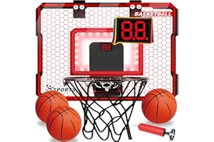 NEUBSAW Basketball Hoop Indoor with LED Lights, Basketball Toys Gifts for 5 6 7 8 9 10+ Year Old Boys Kids, Indoor Over The Door Mini Basketball Hoops with Electronic Scoreboard & 3 Balls
