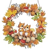 HEIBAGO Fall Diamond Art Hanging Kits for Adults, Halloween Hanging Diamond Art Squirrel Wreath, 5D Special Shaped Crystal Diamond Painting Kit,DIY Pattern Window Pendant for Home Wall Decor 8.3x8.3In