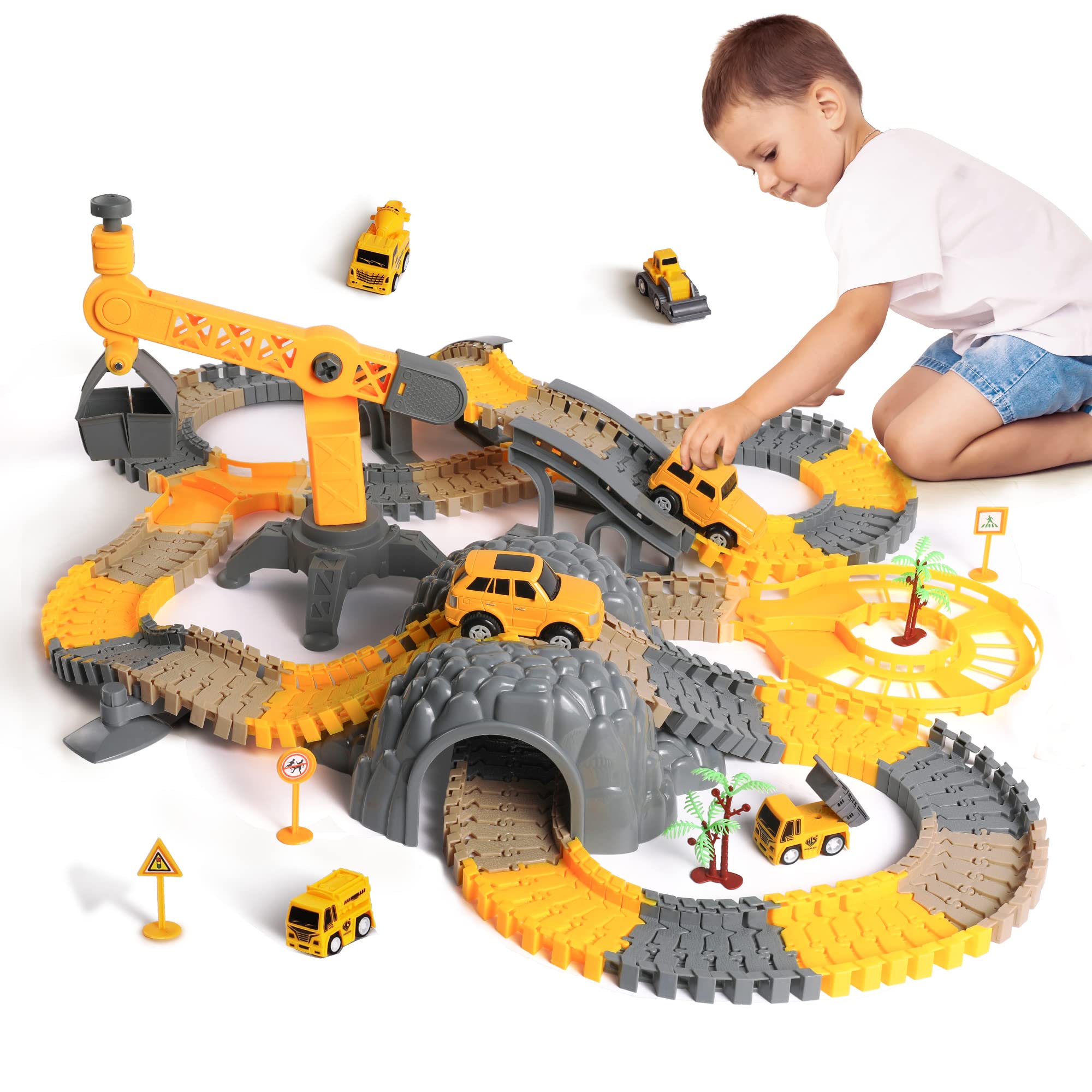 tumama Race Tracks Set Construction Vehicles Flexible Trains Tracks With Magic Electric cars, Toy Cars Set for 2 3 4 5 6 7 Years Old Child Kids Boys and Girls Road Race Playset Christmas Birthday Gift