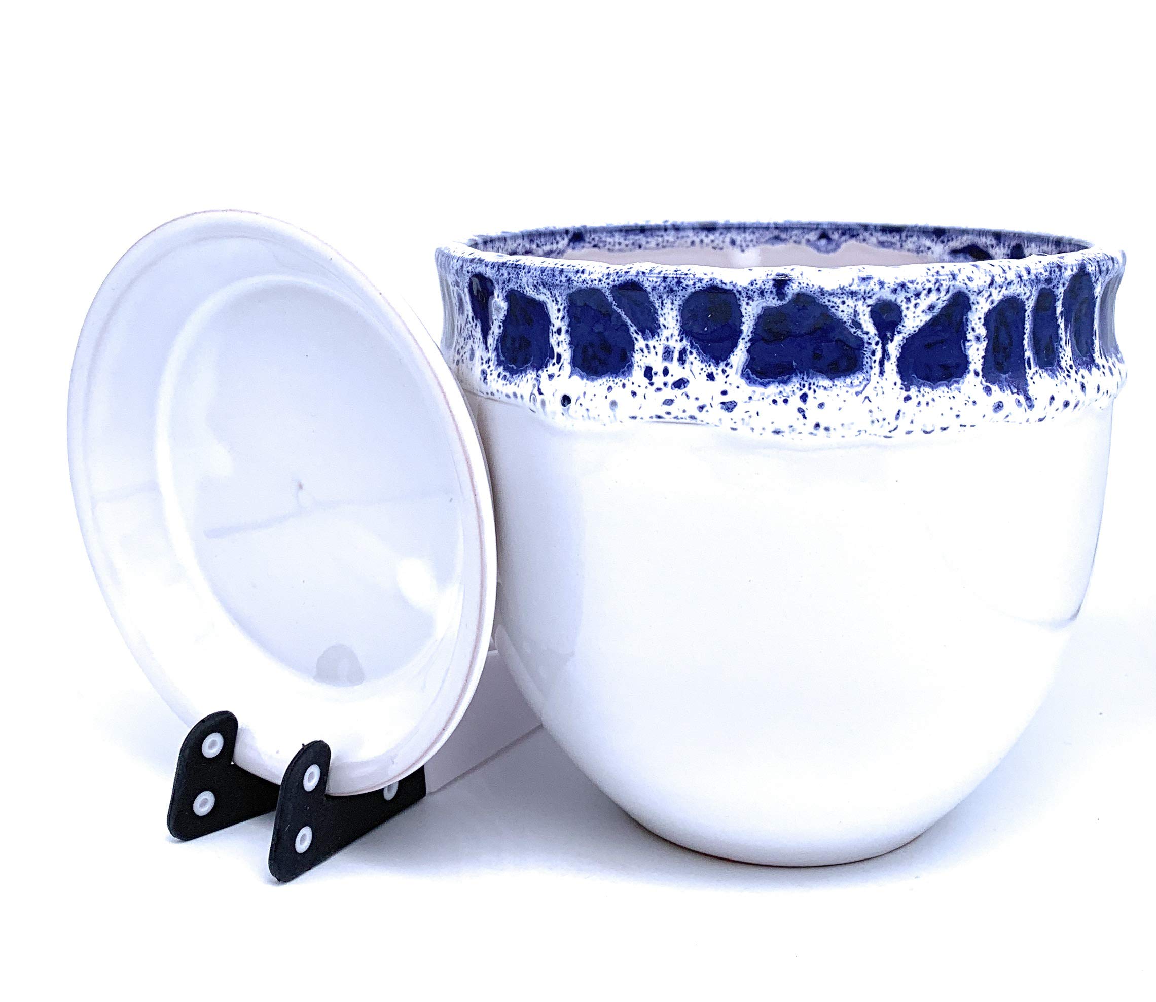 Sun Cakes Ceramic Plant Pot Glazed with Saucer Round Terracotta with Drip Tray Flower Pot Clay Coloured Flower Pot Bella (14cm x 12cm, White/Blue)