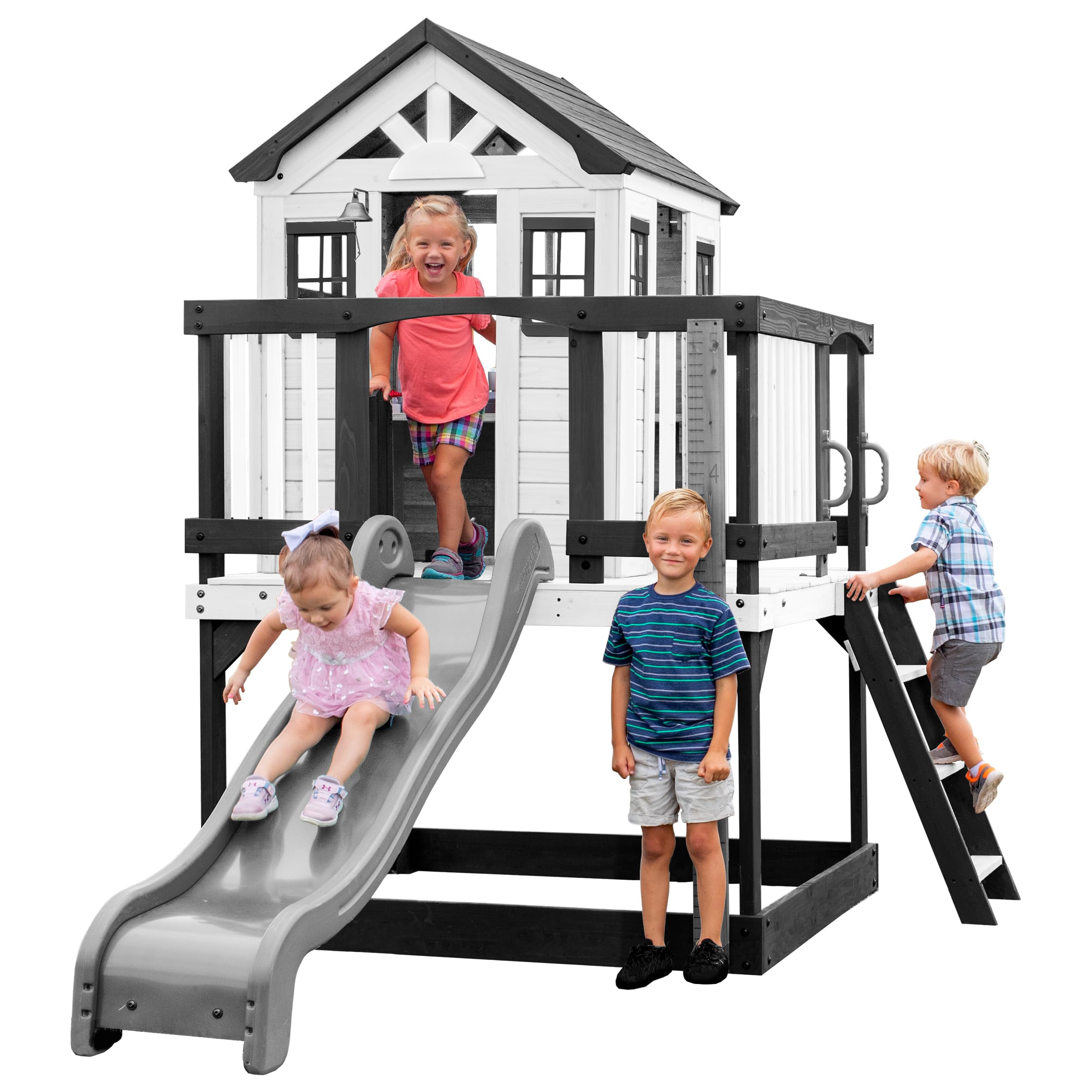 Photo 1 of ***PARTIAL SET (3 OF 4) - PRICE ADJUSTED*** Backyard Discovery Sweetwater Heights White Elevated Cedar Wooden Kids Playhouse with Wave Slide, Play Kitchen, Step Ladder, Half Door, Wrap-Around Deck, Windows, Bell, Growth Chart for Outdoor Play