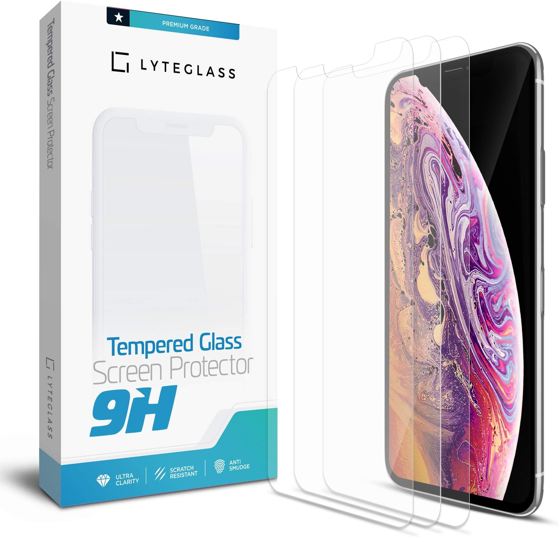 Lyteglass Screen Protector for 2018 iPhone Xs Max (6.5-Inch Display), Ultra Clear Tempered Glass with Scratch Protection, Case Friendly, 3-Pack Retail