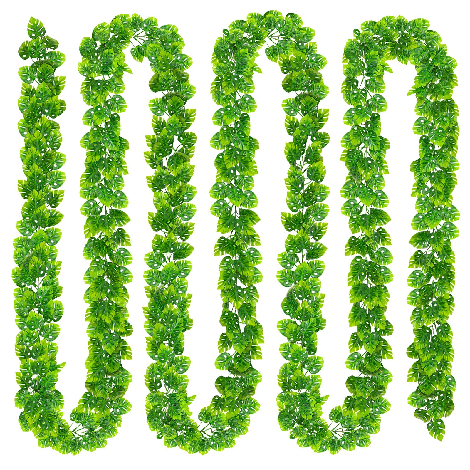 Photo 1 of 4 PCS Artificial Monstera Leaf Vines, 5.9 FT Fake Hanging Plants Greenery Garland Ivy Palm Leaves, Tropical Luau Greenery Vine for Home Garden Porch Party Beach Hawaiian Party Indoor Outdoor Décor