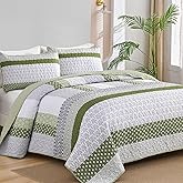 WONGS BEDDING Olive Green Quilt Queen Size, Bohemian Stripe Quilt Sets 3 Pieces Green Boho Quilted Bedspread Set Lightweight Microfiber Coverlet Bedding Set All Season (96"x90")