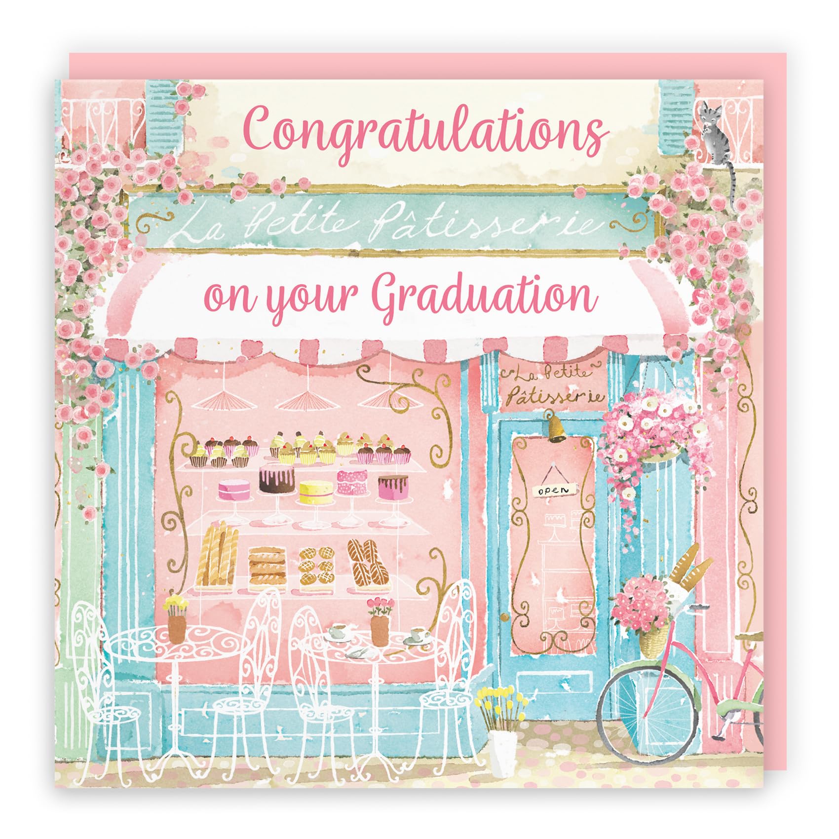 Hunts England - La Petite Patisserie Graduation Card For Her - Charming Pink Bakery, Pretty French Cafe Design - Well Done Card For Graduating - Milo's Gallery