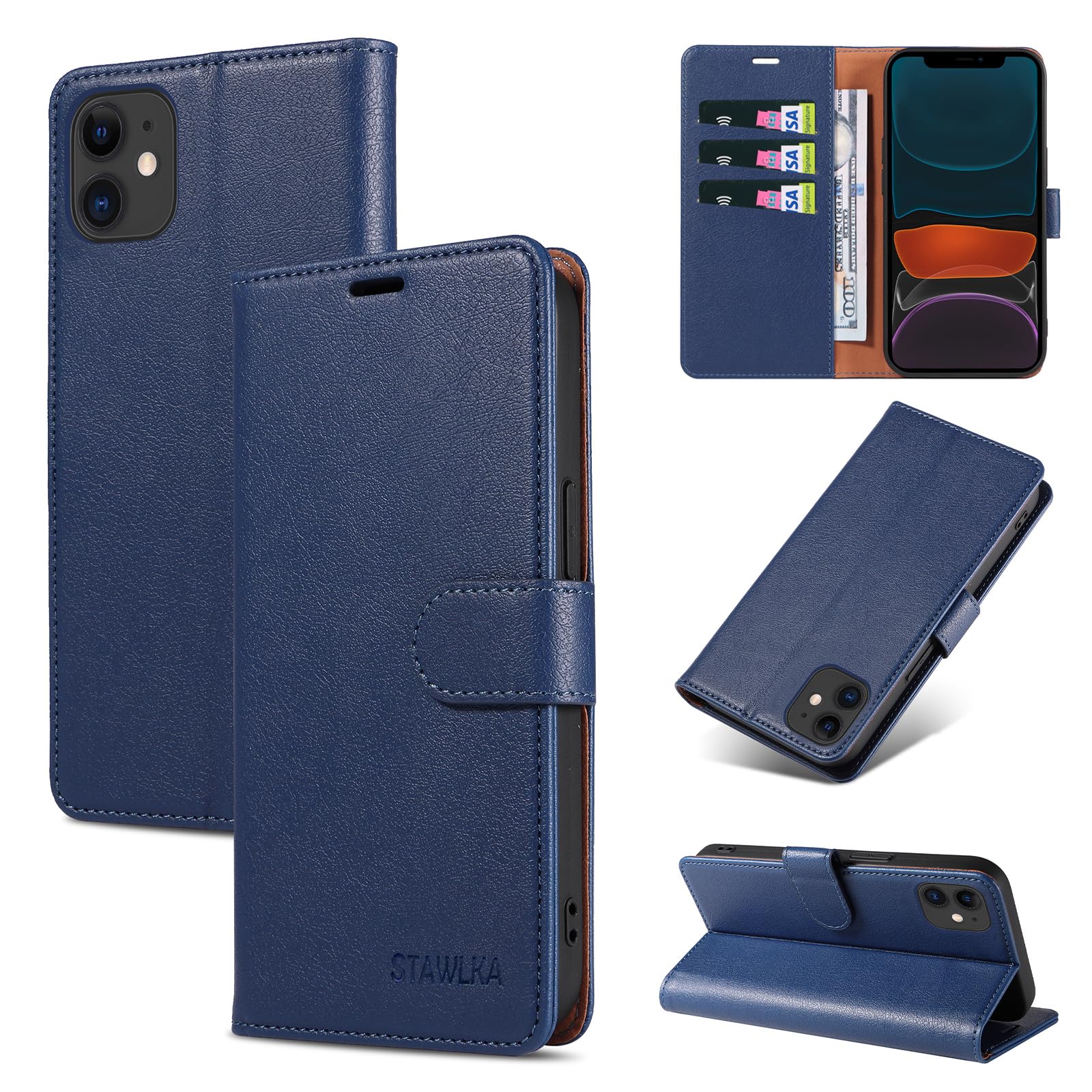 STAWLKA Case for iPhone 12 Mini, Premium PU Leather Flip Magnetic Buckle Wallet Case Kickstand Blocking RFID Shockproof Protective Phone Cover for iPhone 12 Mini - Blue — image 1
