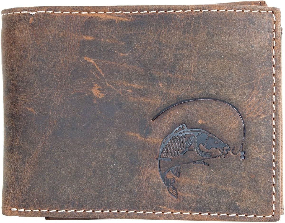 Strong Natural Genuine Leather Wallet with a Carp, Brown