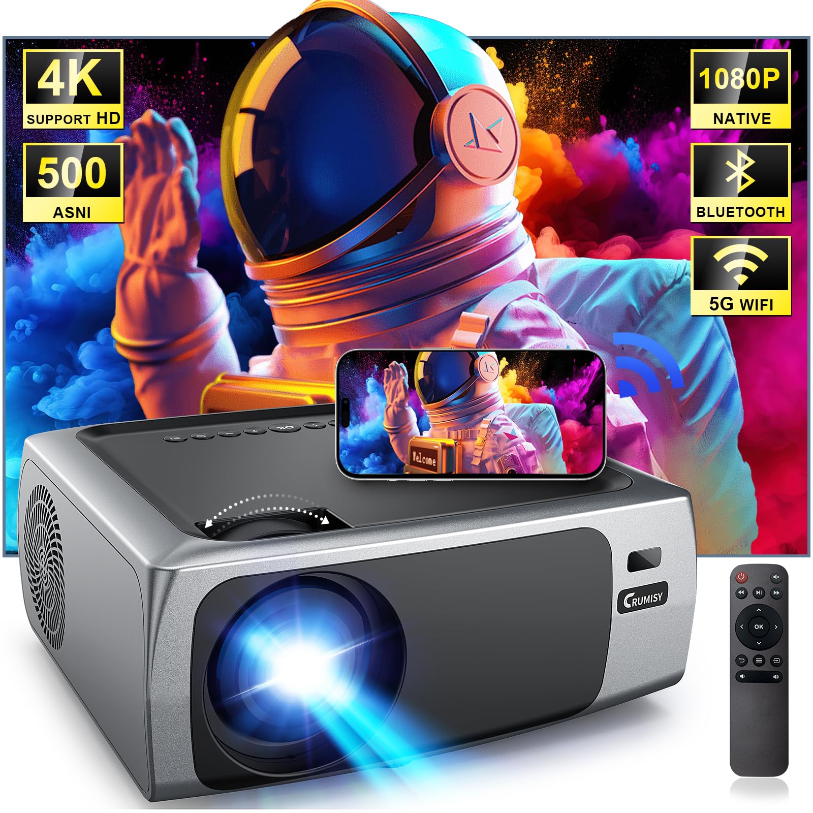 Mini Proiettore Portatile 1080P 500 ANSI Con WiFi E Bluetooth 5.2 – Messa A Fuoco Elettrica E Keystone, Supporto 360° Per Film Esterni (Bianco)