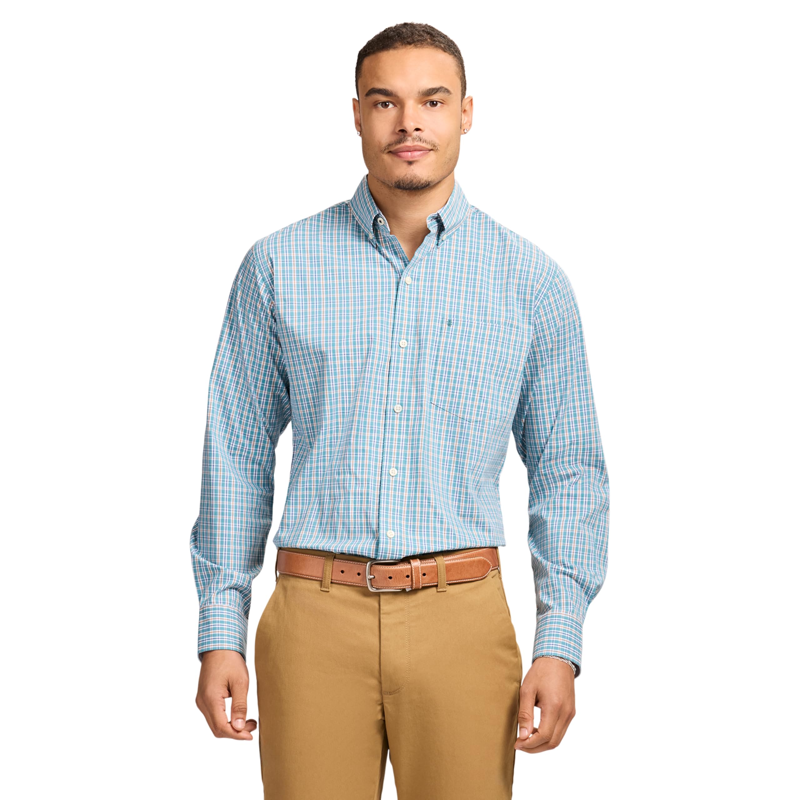 IZOD Men's Performance Comfort Long Sleeve Plaid Button Down, Larkspur, Small Image