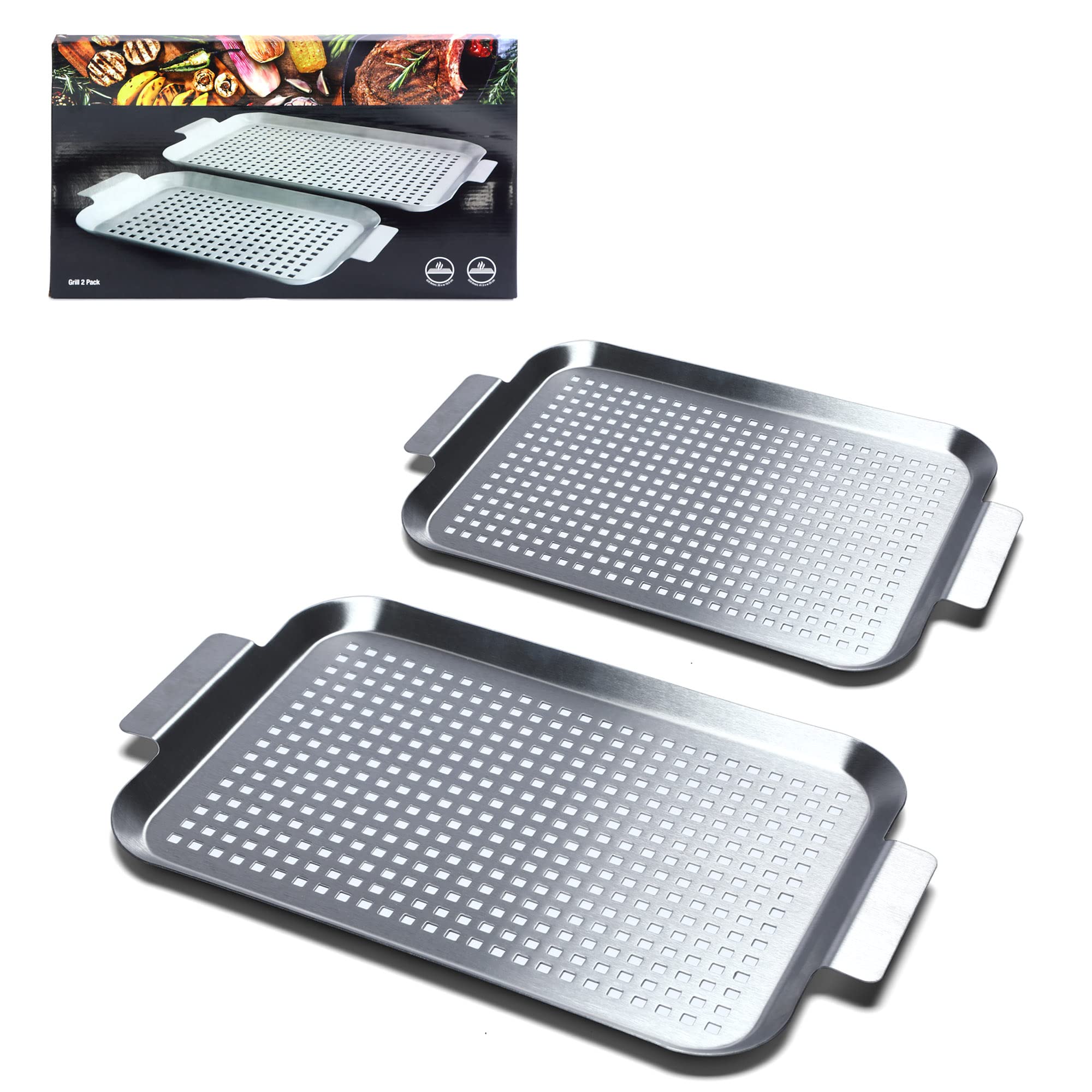 Photo 1 of COOK TIME Grill Pan Set of 2, BBQ Grill Topper for Outdoor Grill, Stainless Steel Grilling Baskets with Holes and Handles, Perforated Food Tray Barbecue Accessories for Vegetable, Fish, Meat, Seafood