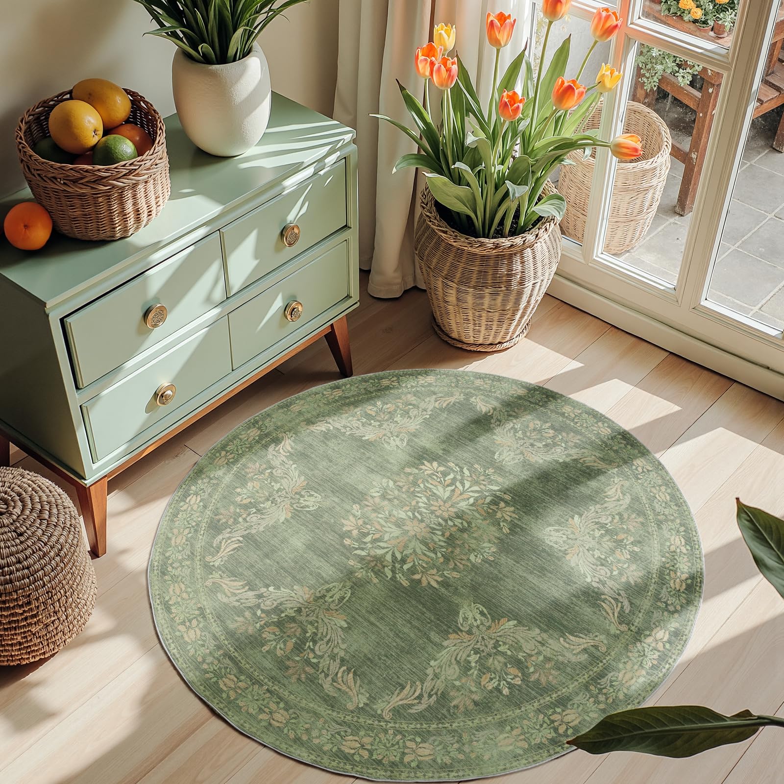 Photo 1 of jinchan Round Rug 4ft Area Rugs Vintage Floral Distressed Design,Machine Washable Soft Non-Slip Low-Pile Ultra-Thin Circle Rug for Entryway Bedside Living Room Kitchen Nursery (4' Round,Dark Green)