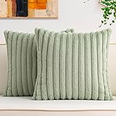 Aegero Pack of 2 Faux Fur Christmas Throw Pillow Covers 20x20 Inch, Soft Plush Striped Neutral Couch Pillow Cover, with Velvet Back Modern Home Decor for Sofa Living Room Couch Bed Sage Green
