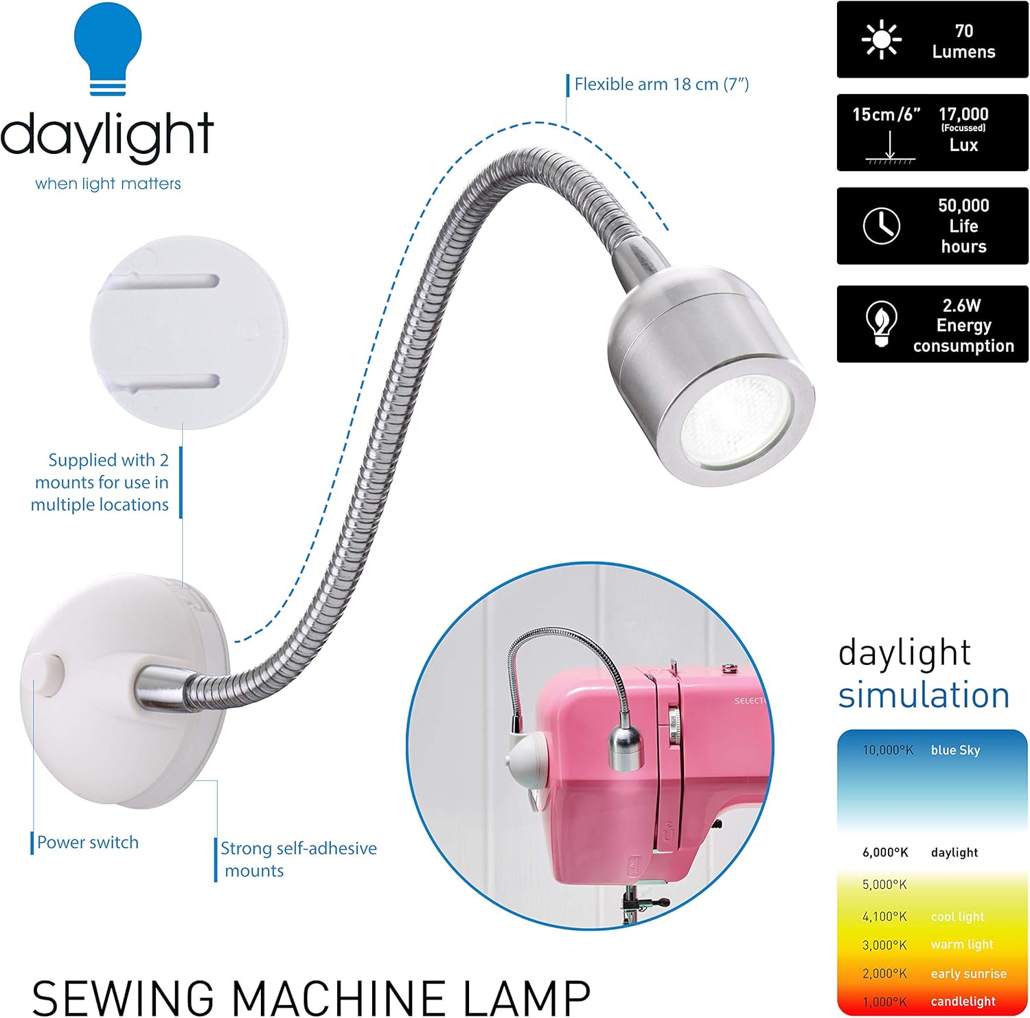 Daylight Company Naturalight LED Sewing Machine Lamp Chrome, Lighting