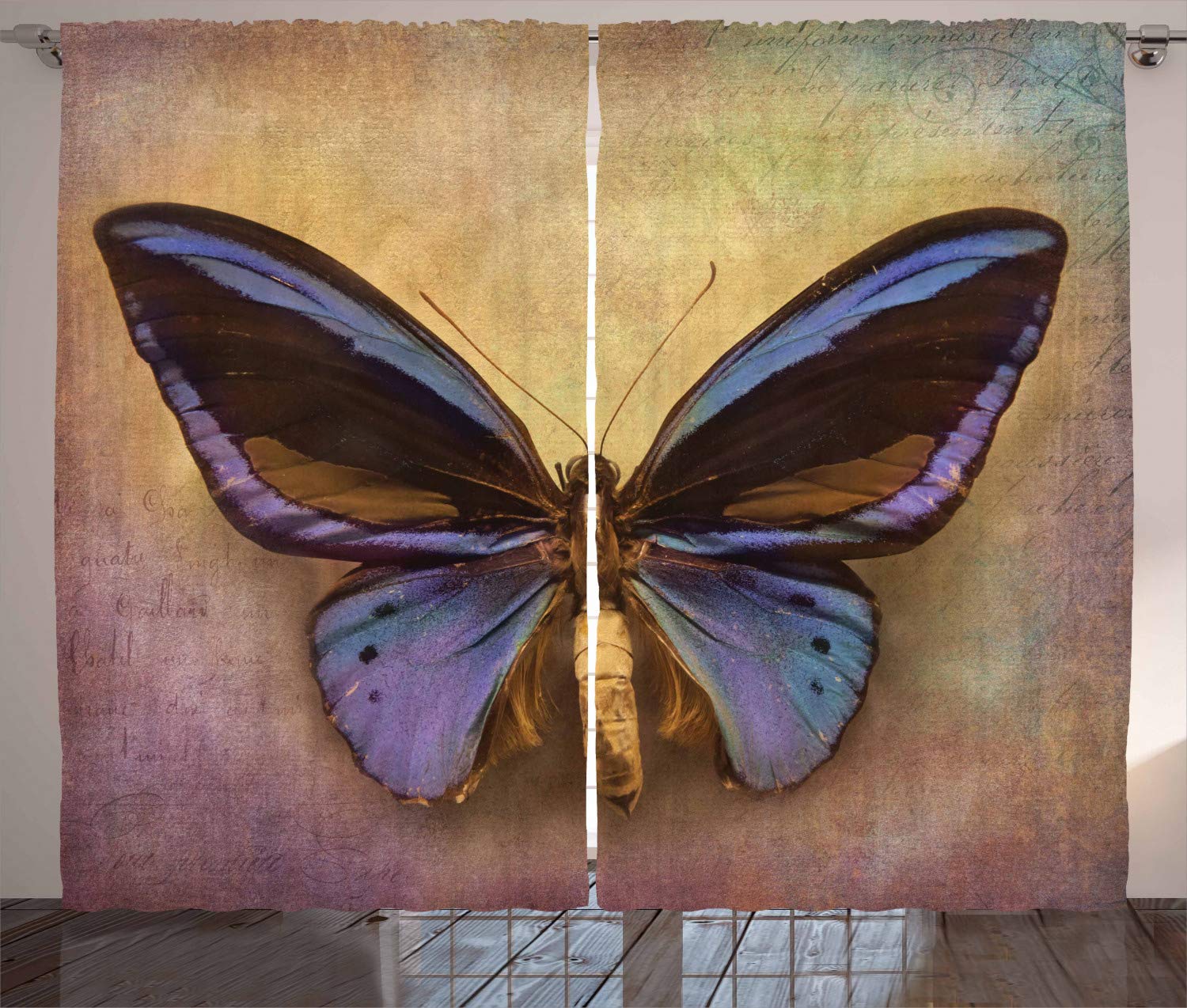 ABAKUHAUS Butterfly Curtains, Monarch Butterfly Vintage British Grunge Victorian Photography Art Theme Print, Living Room Bedroom Window Drapes 2 Panel Set, 89 W X 110 L, Camel Purple