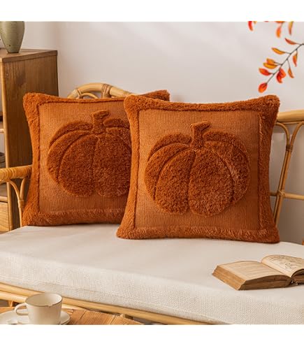 Fall Halloween Pillow Covers (Set Of 2) - Pumpkin Faux Fur Decorative Covers, 18x18 Inch