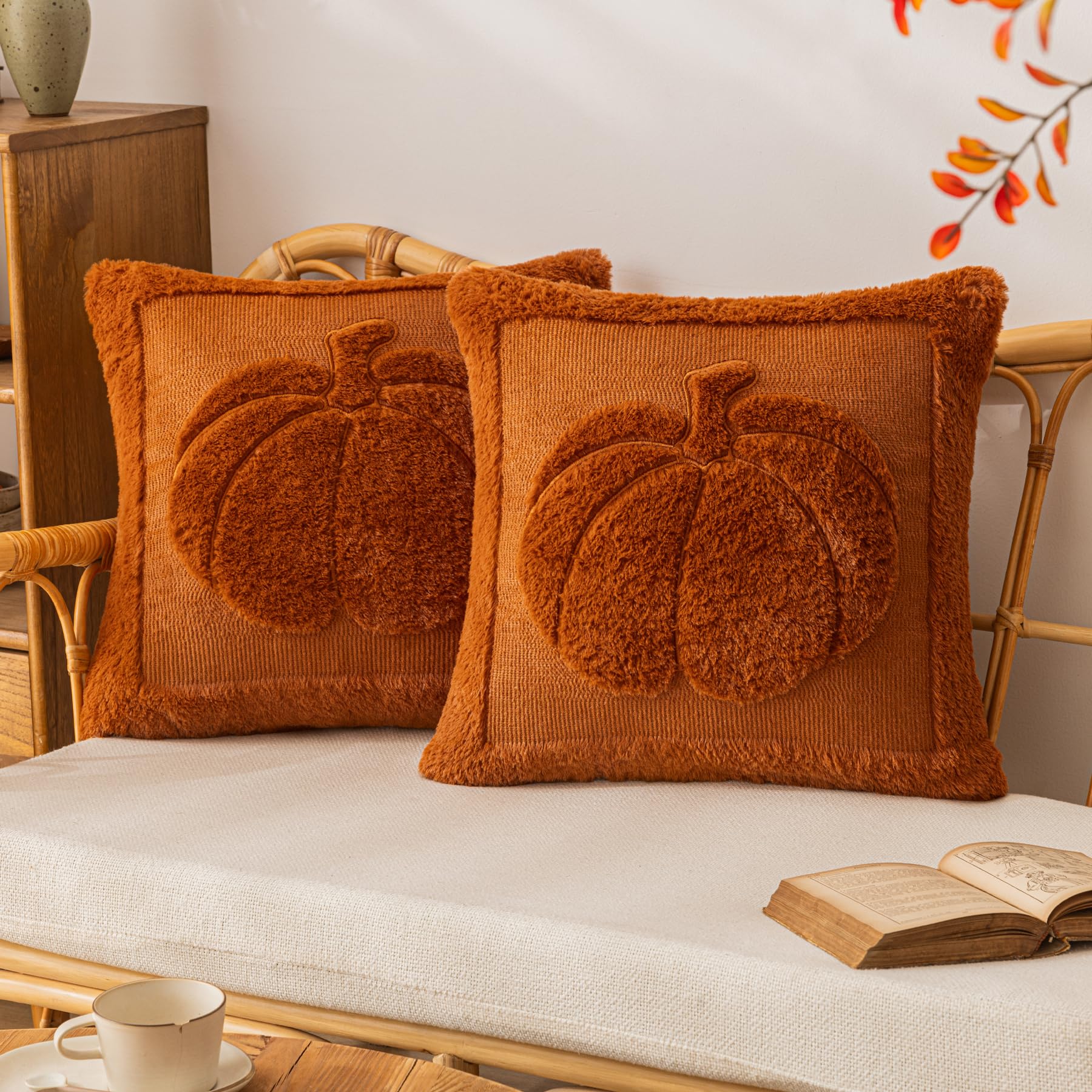 Photo 1 of COSIBONO Rust Red Pumpkin Fall Throw Pillow Covers 18x18, Set of 2 Cute Fall Halloween Pillow Cases for Sofa Autumn Decor Soft Faux Fur Farmhouse Cushion Covers for Thanksgiving Living Room Bedroom