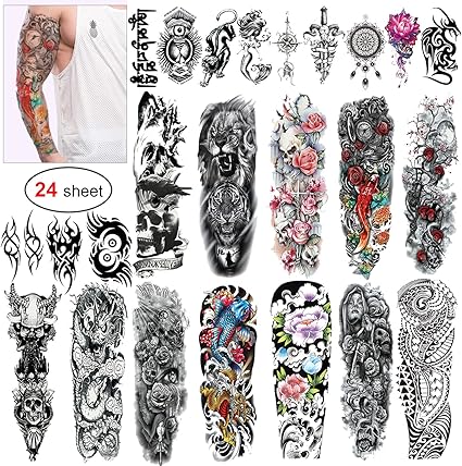 Tatouage Temporaire Pour Homme Femmes Konsait Manchette Tatouage Tattoo Noir Body Tattoo Sticker Bras Tatouages éphémères Lion Crâne Mort Rose 24