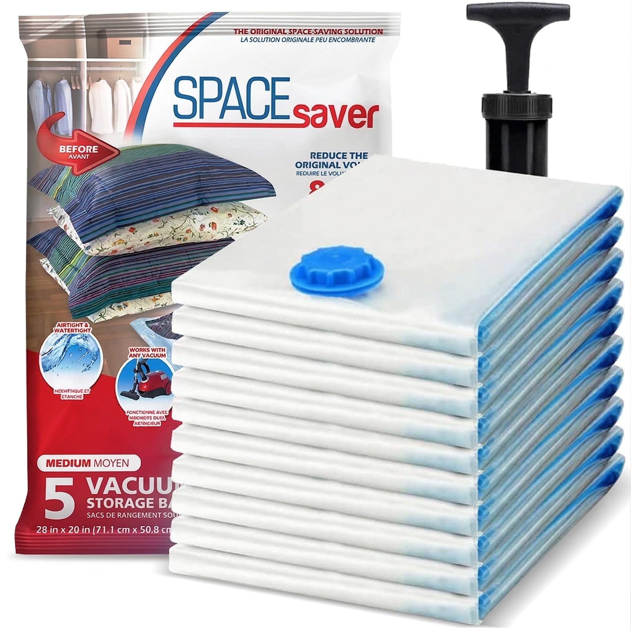 SpaceSaver Vacuum Storage Bags - Medium 5-Pack Clothes Storage Set with Pump - Space Saving Vacuum Bags for Clothes, Bedding and Linens - Airtight Compression Bag for Home and Travel Organization
