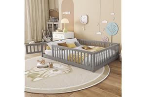 BELLEMAVE Full Size Montessori Floor Bed with Slats, Center Support Bar, Fence and Door - Gray