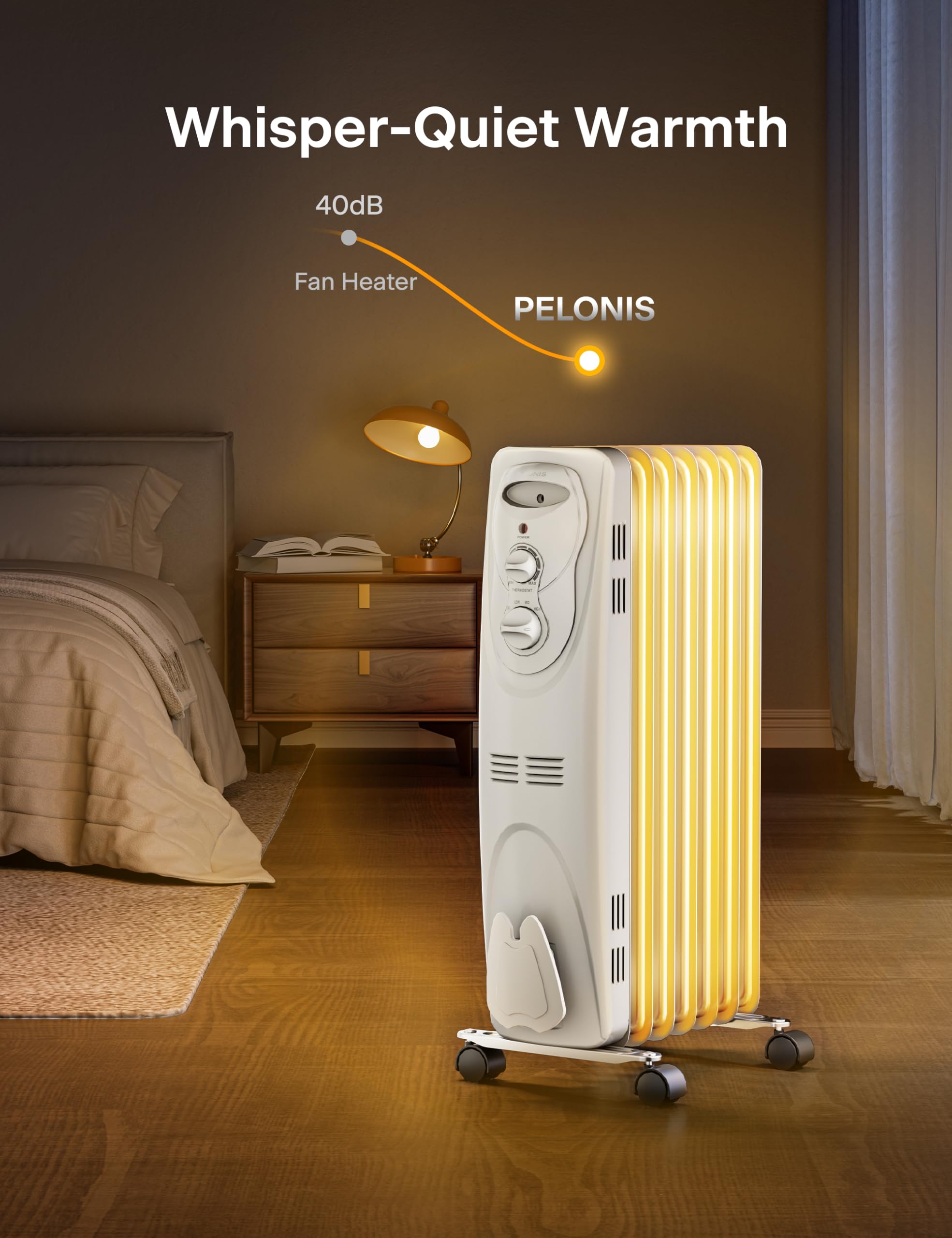 PELONIS PHO15A2AGW, Basic Electric Oil Filled Radiator, 1500W Portable Full Room Radiant Space Heater with Adjustable Thermostat, White, 26.10 x 14.20 x 11.00 in
