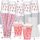 Umigy 100 Pack 12 oz Valentine's Day Plastic Cups with Lids and Straws Clear Disposable Cups Heart Cold Beverage Drinking Juice Water Coffee Valentine Party Wedding Dating Supplies(Pink Heart)