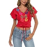 Women's V Neck Tie Front Crop Tops Summer Ruffle Short Sleeve Boho Peasant Embroidered Top Shirt Blouse