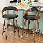 YaFiti Bar Stools Set of 2, 26" Bentwood Counter Height Barstools, Black | Swivel, Mid-Century Modern, Faux Leather, Ergonomic Backrest, Padded Seat, Bentwood Legs, Footrest, for Kitchen Island, Bar
