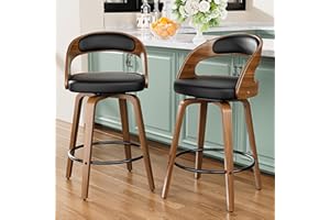 YaFiti Bar Stools Set of 2, 26" Swivel Counter Height Bar Stools with Bentwood Legs and Back, Mid Century Modern Faux Leather Upholstered Counter Stools for Kitchen Island, Bar, Restaurant, Black
