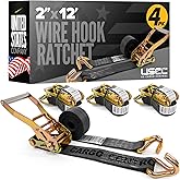 US Cargo Control Wire Hook Ratchet Straps 2 Inch x 12 Foot (4-Pack), 10,000 LBS Break Strength, Black 2 Inch Ratchet Straps Heavy Duty with J Hooks, Heavy Duty Tie Downs for Trailers and Trucks