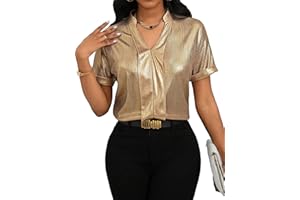 GORGLITTER Women's Metallic Tops Sparkly Notched V Neck Short Sleeve Blouse Summer Dressy Casual Shirt Top