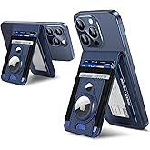 For Magsafe Wallet Stand with Airtag Holder, Strongest Magnetic Phone Wallet for iPhone 17/16/15/14/13/12 Series, ID Window, 4 Card Slots, 10 Cards Holder, Vegan Leather, RFID Blocking, Navy Blue