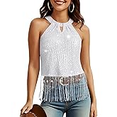 Aupuls Fringe Sequin Tops for Women Halter Country Concert Outfits Sparkly Disco Top