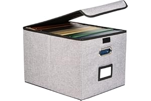 TIANSE Portable File Storage Box with Lids, Foldable Linen Decorative File Organizer Box, Storage for Letters, Legal Documents, Office Documents, Books, Suit for Office or Home (Grey-1 Pack)