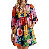 Yousify Womens Summer Dresses Floral Mini Babydoll Dress V Neck Puff Sleeve Loose Fit Boho Beach Sundress with Pockets