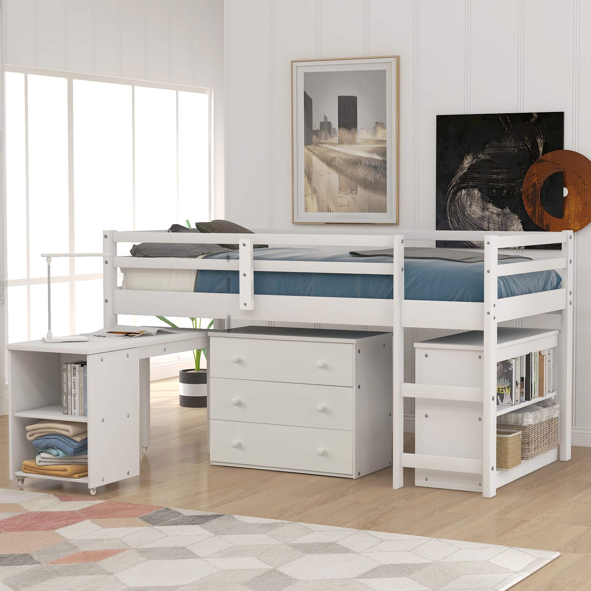 Harper&Bright Designs Low Study Twin Loft Bed with Desk and Cabinet
