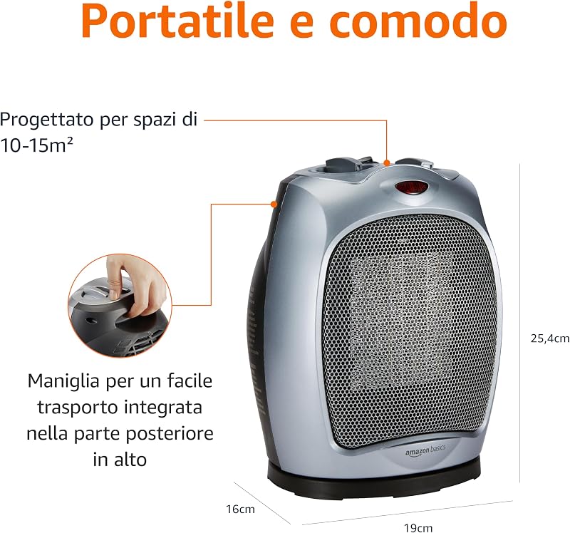 Termoventilatore oscillante in ceramica da 1800 Watt con termostato regolabile - Argento