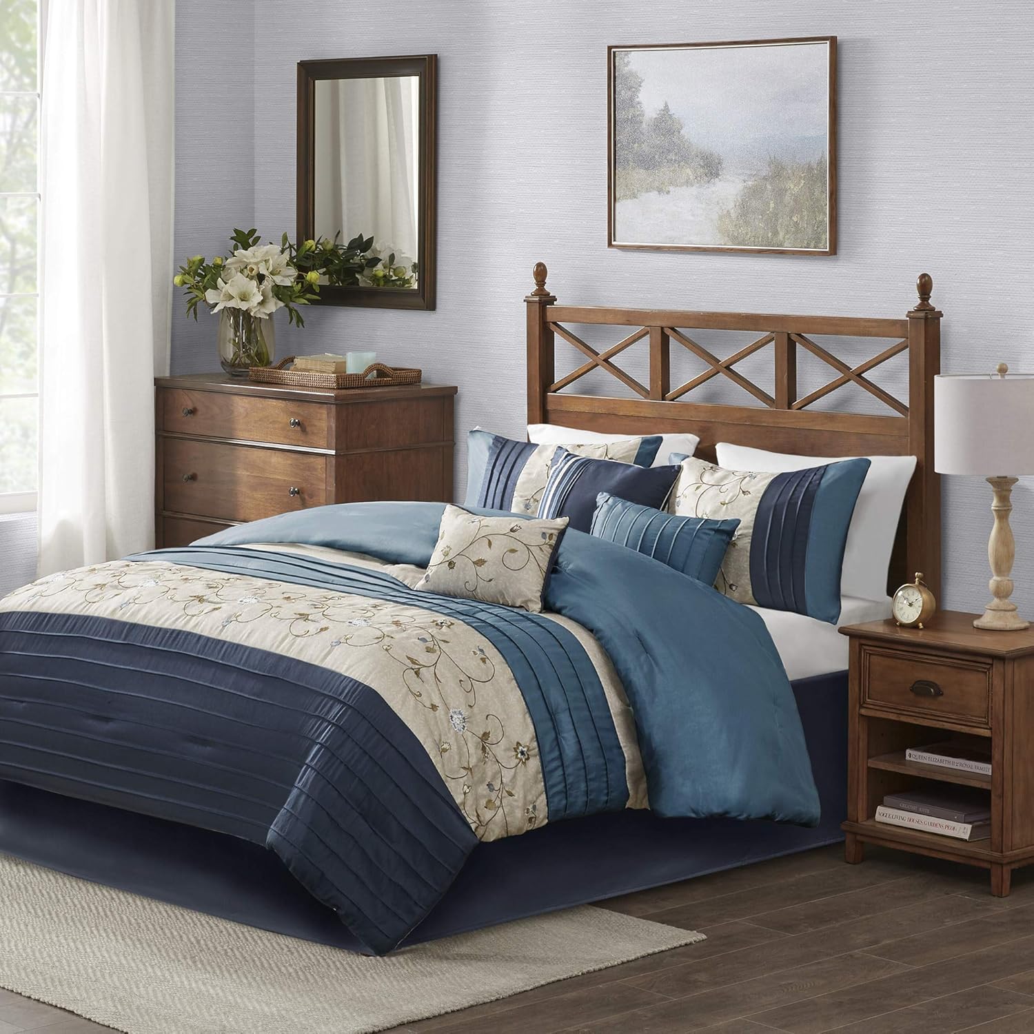 Madison Park Serene Comforter Reversible Solid Faux Silk Floral Flower Embroidered Pleated Stripes Patchwork Soft Down Alternative Hypoallergenic All Season Bedding-Set, Cal King, Navy