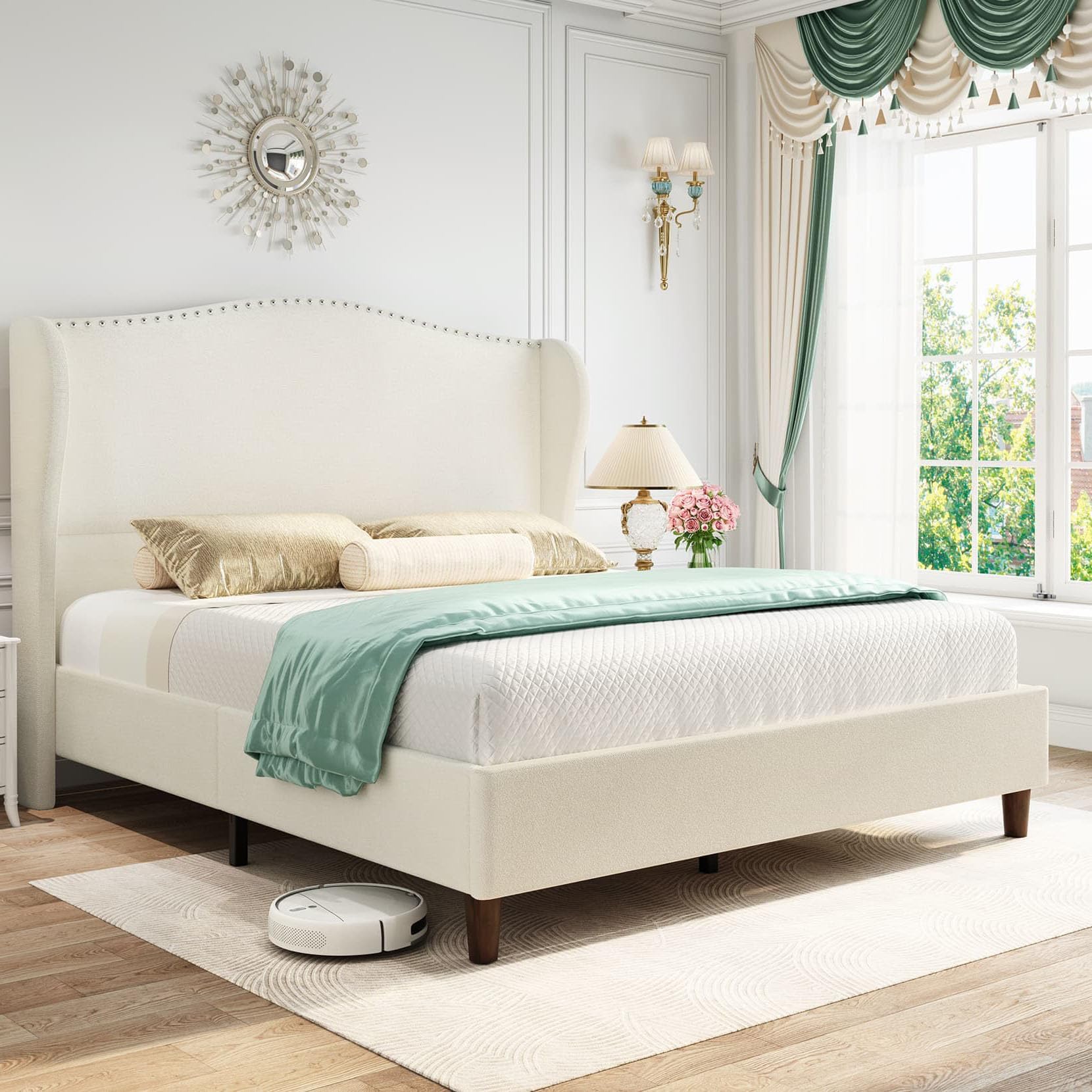 Photo 1 of **ASSEMBLY INSTRUCTIONS INCLUDED**  Yaak Queen Size Chenille Bed Frame with 52" Tall Headboard, Upholstered Platform Bed with Nailhead Trim Headboard Wingback, No Box Spring Needed, Wood Slats Support, Easy Assembly, Beige