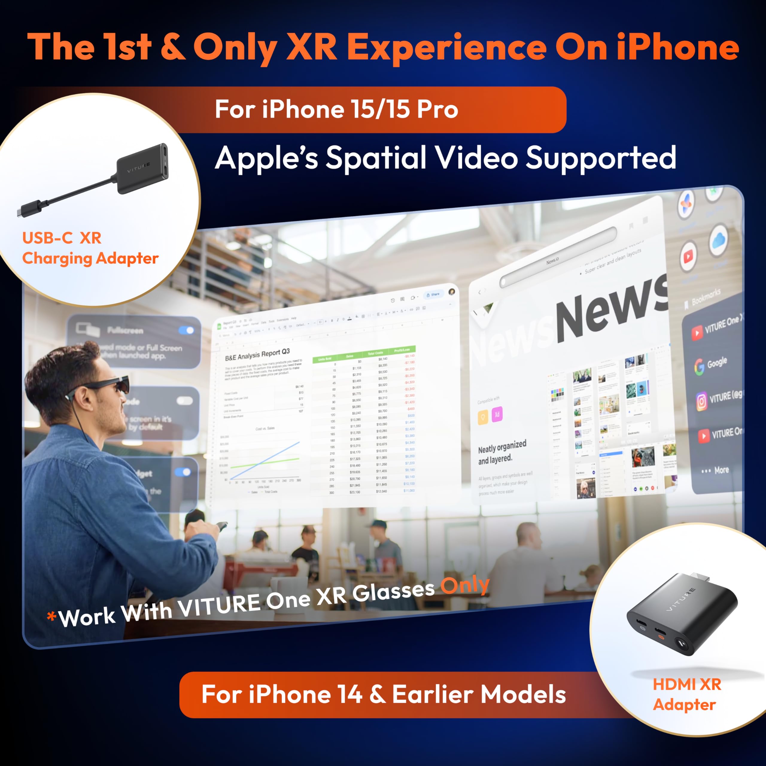 VITURE One for USB-C iPhone Pack: XR Glasses & USB- C XR Charging Adapter: Seamless Support on Spatial Video, Multi-Screen, Enhanced 3DoF, 1-Click 3D, VR Video, Fits iPhone 16/15, Charge and Play