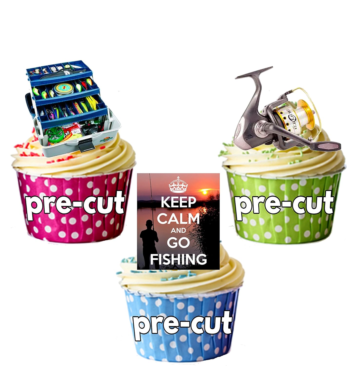 Pre Cut Keep Calm Fishing Tackle Box Mix Edible Cupcake Toppers