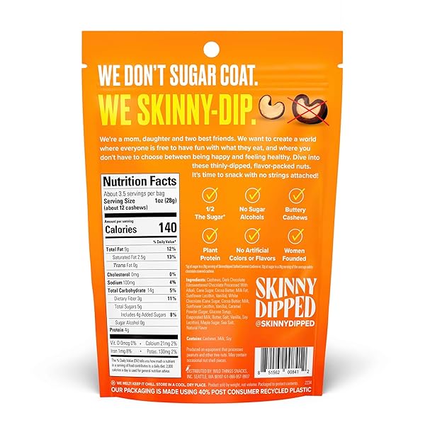 SKINNYDIPPED DARK CHOCOLATE SALTED CARAMEL CASHEWS, HEALTHY SNACK, PLANT PROTEIN, GLUTEN FREE, 3.5 OZ RESEALABLE BAGS, PACK OF 1