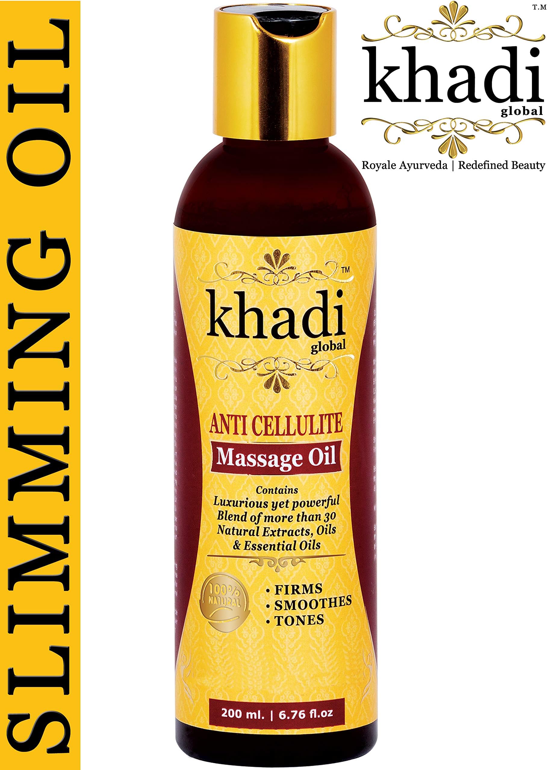 Khadi Global Anti Cellulite Slimming Massage Oil 200 ml With 31+ Powerful Natural Blend of Herbs, Extracts, Oils & Essential Oils With Cinnamon, Jaiphal, Black Pepper, Amarnath, Saunf and Juniper Oil