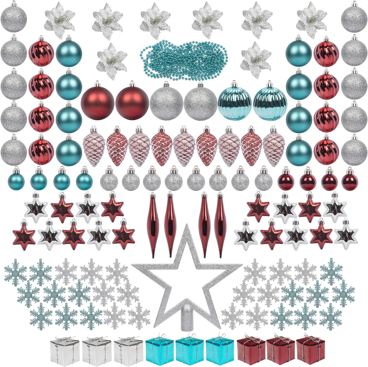 ITART 129ct Christmas Tree Ornaments Decorations Assortment Including Tree Topper Baubles Poinsettia Snowflakes Stars Pine Cones Miniature Gift Boxes and Beads Garlands Finial (Burgundy Blue Silver)