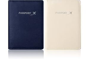 BAPHITY Passport Holder for 2, Passport Cover Wallet Case for Women Men, Ultra Slim Genuine Leather Passport Holder with RFID Blocking and Vaccine Card Slot (Blue-White)