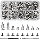 364 Pcs Punk Spikes and Studs Kit, 8 Sizes Metal Cone Spikes and Studs Rivets for Clothing Leathercraft DIY Craft