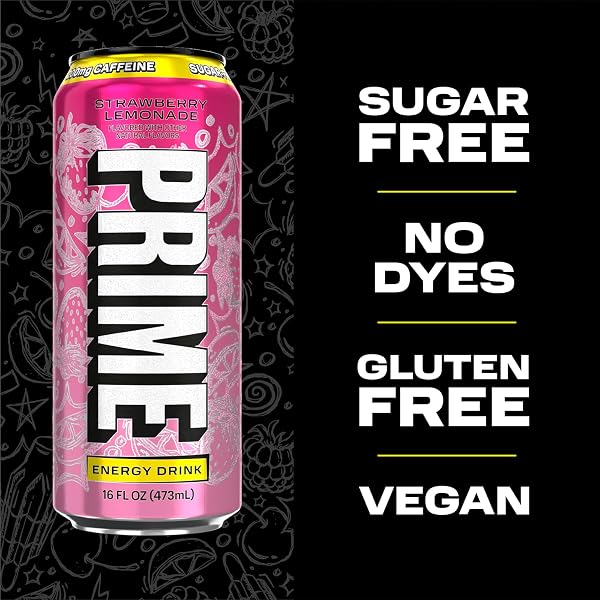 PRIME ENERGY STRAWBERRY LEMONADE, SUGAR FREE ENERGY DRINK, 200MG CAFFEINE AND 355MG OF ELECTROLYTES FOR HYDRATION, LOW CALORIE, VEGAN, GLUTEN FREE,16 FLUID OUNCE, 12 PACK