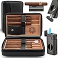 TISFA Cigar Humidor, Leather Cedar Wood Cigar Case with Cigar Lighter, V Cut Cigar Cutter, Cigar Holder 3 in 1, Portable Travel Cigar Humidor Box with Humidifier (Black)