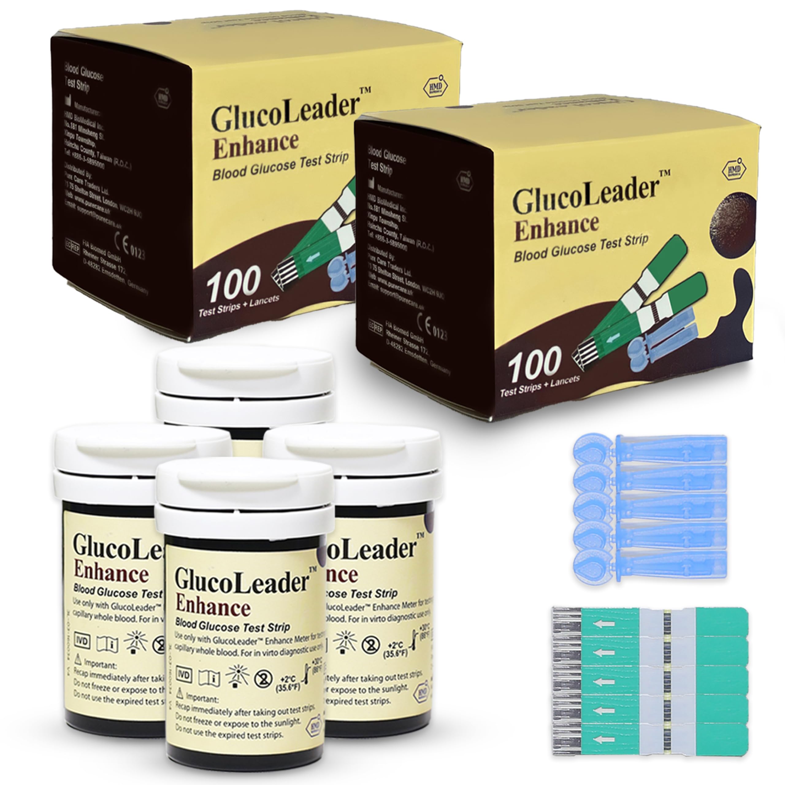 GlucoLeader Blood Glucose Test Strips with Lancets. Made in Taiwan. (Meter Sold Separately) (200)